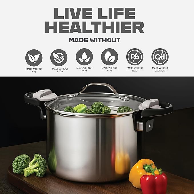 GOTHAM STEEL 8 Qt Nonstick Pasta Pot with Strainer Lid, Stainless Steel Stock Pot, Twist & Lock Handles, 2 Strainer Sizes, PFOA Free, for Soup & Spaghetti, Induction Ready, Oven & Dishwasher Safe