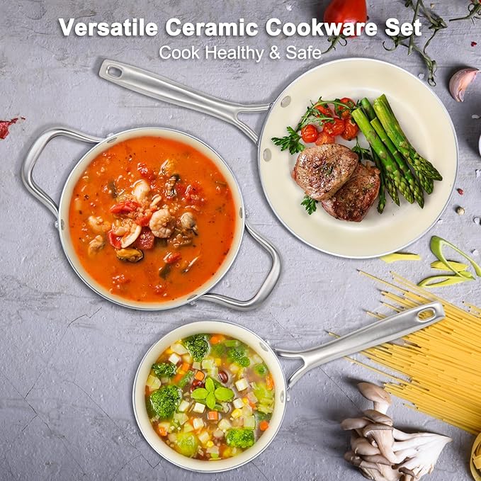 M MELENTA Pots and Pans Set, 7 Piece Nonstick Ceramic Cookware Set, Kitchen Induction Cookware Sets, Pots and Pans Non Stick with Oven Safe Handle, 100% PFOA Free, Blue