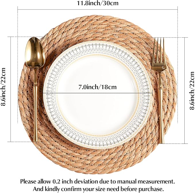 Round Woven Placemats 12 inch Set of 4 - Boho Rattan Placemat Natural Water Hyacinth Placemats, Farmhouse Weave Place Mats, Rustic Braided Wicker Table Mats for Dining Table,Home,Wedding