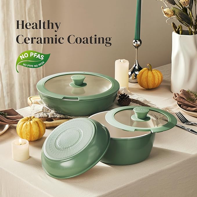 Redchef 16pcs Ceramic Pots and Pans Set Non Stick, Nonstick Ceramic Cookware Set with Detachable Handle, Non Toxic, PFAS PFOA & PTFE Free RV Cookware for Camping, Dishwasher/Oven Safe (Green)