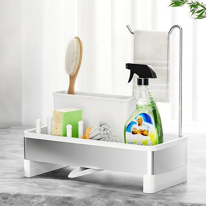 Ewaiira Stainless Steel Sink Caddy, Sponge Holder for Kitchen Sink with Brush Holder & Dishcloth Rack, Rustproof Sink Organizer Countertop, Kitchen Organizers Storage Essentials (E-White 9.8″)