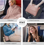 DEZ FURNISHINGS 4-in-1 Travel Compact Blanket Pillow Super Soft Velvet with Luggage Sleeve and Backpack Clip, Dusty Pink, 60" W x 45" H