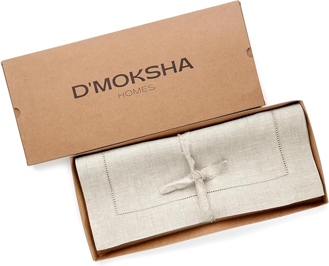 D'Moksha Homes Light Natural Linen Cloth Placemats Set of 4-100% Pure Linen Hemstitch Placemats 14 x 19 Inch - Classic Hemstitch Table Place Mats for Valentines - Handcrafted, Machine Washable