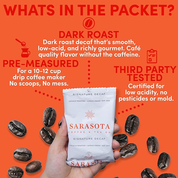 Coffee Packets – Dark Roast Decaf Ground Packs, Low Acid Pre-Measured 2oz Bags for 12-Cup Drip Brewers, Bulk Single-Pot Commercial Pouches