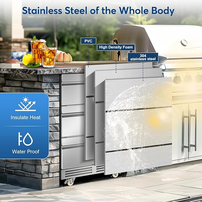 Stainless Steel 3-Tier Drawer Fridge Undercounter, Outdoor Beverage Refrigerator with Wheels, Waterproof Design and Temperature Control for Home and Commercial Use