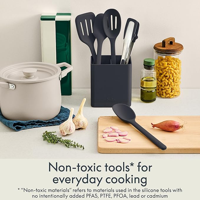 bella 6-Piece Modular Tool Set, Silicone, Turner, Spoon, Slotted Spoon, Spatula, Tongs, Crock with removable divider, Non-toxic*, Food-grade, Heat safe to 425°F, Dishwasher Safe, Oatmilk