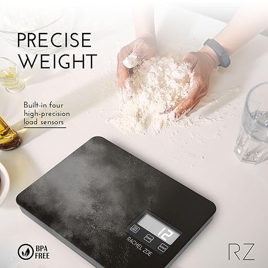 Rachel Zoe Digital Kitchen Food Scale with Non-Slip Base for Home and Kitchen, Measures in Pounds, Grams, Milliliters & Kilograms, Battery Operated Aluminum Electric Scale for Meals, Baking & Diets
