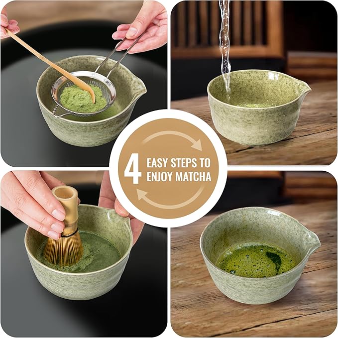 Matcha Whisk Set, Matcha Making Kit Whisk (Chasen Holder), Ceramic Whisk Holder (Light Green), Bamboo Scoop, Powder Starter Sifter, Spoon Japanese Tea Tools For Ceremony Gift