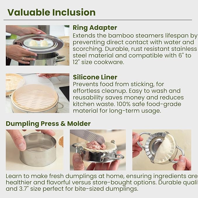2-tier 10" Bamboo Steamer with Reinforcement & Handle, Reusable Silicone Liner & Accessories Kit For Cooking Dumpling, Baby Bao Bun, Dim Sum, Rice Potsticker Steaming Chinese Asian Food & Vegetables