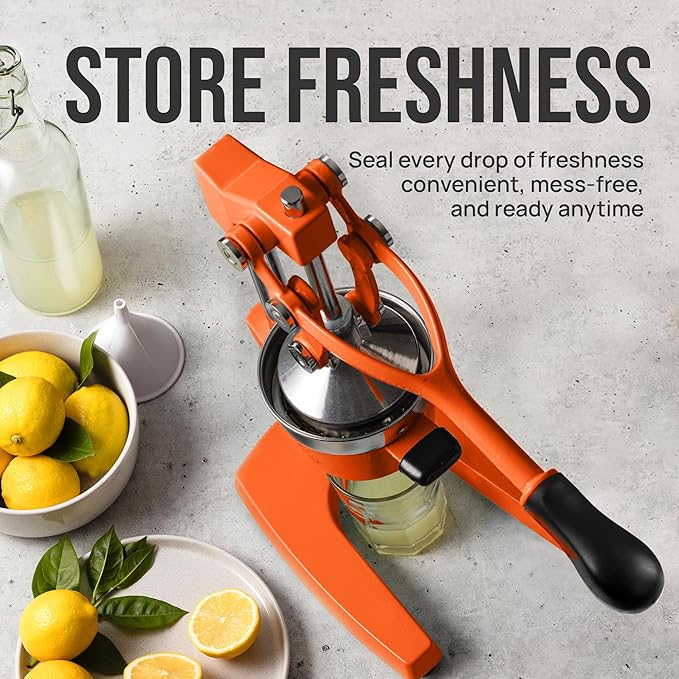 Zulay Kitchen Cast Iron Juicer - Easy-to-Clean Heavy-Duty Manual Juicer, Professional Citrus Juicer - Stainless Steel Lemon Squeezer - Manual Citrus Press & Orange Squeezer - Orange Juicer (Orange)