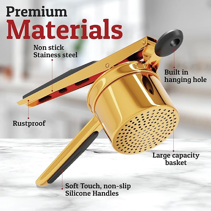 PriorityChef Large 15oz Potato Ricer, Heavy Duty Stainless Steel Potato Masher and Ricer Kitchen Tool, Press and Mash Kitchen Gadget For Perfect Mashed Potatoes - Everytime, Gold and Black