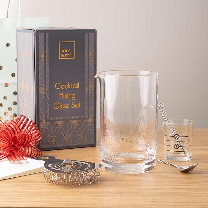 Cork & Mill Cocktail Mixing Glass, Old Fashioned Kit, Large 24 oz Crystal Cocktail Mixer for Bartenders, 9-Piece Home Bar Accessories Set for Manhattans and Other Whiskey Drinks