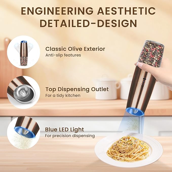 Rechargeable Electric Salt And Pepper Grinder Set, Automatic Gravity Electric Salt And Pepper Grinder Set, Adjustable Roughness, Led Light, 2 Pack, (Copper)