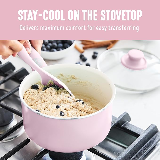 GreenLife 2.5QT Nonstick Saucepan with Glass Lid, Soft Grip, PFAS-Free Ceramic, Multipurpose Chef Pan, Milk & Sauce Cooking Pot, Dishwasher & Oven Safe to 350˚F, Stay-Cool Handle, Pink