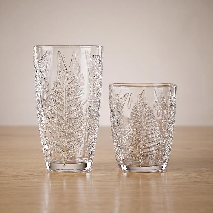 Vintage Drinking Glasses Set of 4, 10 oz Hand-Pressed Clear Glass Cups, Fern Embossed Retro Glassware, Textured Tumblers for Water, Cocktails & Juice, Decorative Kitchen Drinkware, Unique Boho Gift