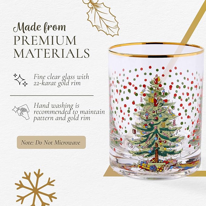 Spode Christmas Tree 14 Fl. Oz. Double Old Fashion Glass (Set of 4), Polka Dot - Whiskey & Bourbon Glasses for Festive Entertaining, Old-Fashioned & Rocks Glasses for Holiday Drinks