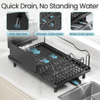Stainless Steel Dish Drying Rack - Large Capacity Dish Rack for Kitchen Counter with Drain Board, Rustproof Dish Drainer with Drain Spout, Utensil Holder & Glass Holder, Dinnerware Organizer, Black