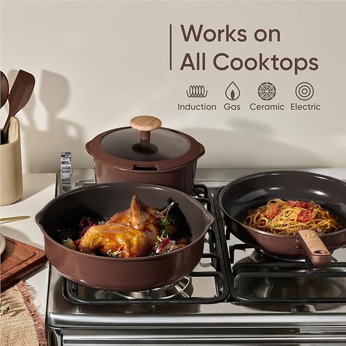 CAROTE 19 Pcs Ceramic Cookware Set, Pots and Pans Set Non Stick with Detachable Handle, RV Kitchen Cooking Set, Induction & Oven Safe, Non-Toxic, PFAS and PFOA Free, Dark Choco