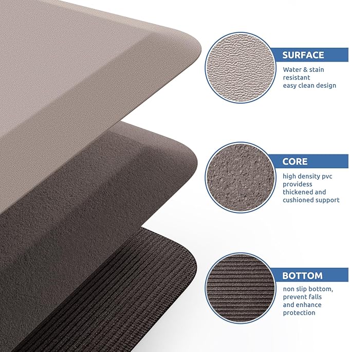 KitchenClouds Kitchen Mat Cushioned Anti Fatigue Kitchen Rug 0.8inch Water Resistant Non Slip Kitchen Rugs and Mats Standing Desk Mat Comfort Floor Mats for Kitchen Sink Office (17.3"x60",Khaki)