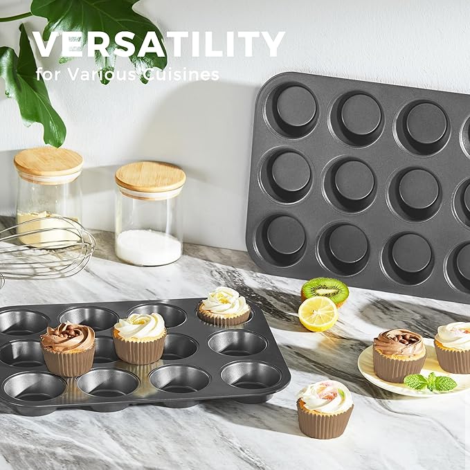 HONGBAKE Non-Stick Muffin Pans 12 Cup, Carbon steel Cupcake Pan for Baking, 2 Pack Non toxic Health Muffin tin -Dark Grey