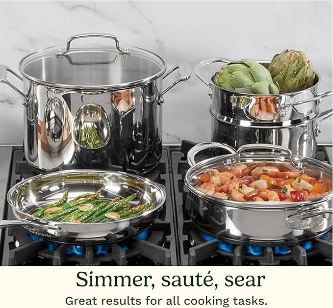 Cuisinart Chef’s Classic 11-Piece Stainless Steel Pots and Pans Set, Cookware Set Compatible with Induction, Electric, Gas Cooktops, Aluminum Core for Even Heat, Cool Grip Handles, Dishwasher Safe