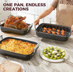 HONGBAKE Roasting Pan with Rack, 17.6×11 Inch Nonstick Roaster Pan for 17 lb Turkey, Chicken and Lasagna, Deep Turkey Pan for Oven, Heavy Duty Oven Roaster Tray, Wider Handles, Gray