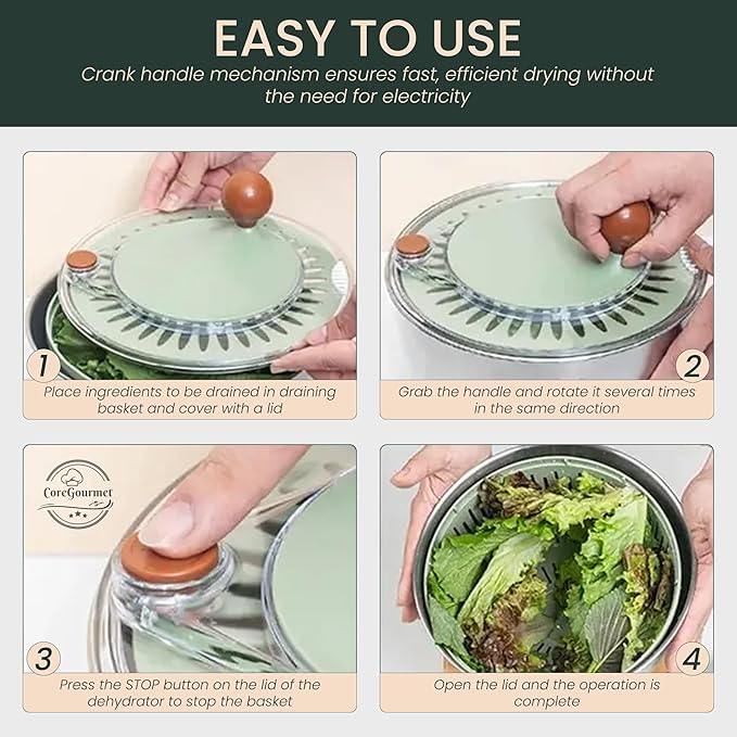 Stainless Steel Salad Spinner 5 Qt, Vegetable & Fruit Washing Bowl with Strainer, ABS & Stainless Steel, lettuce Dryer with Double Drain Holes, Quick Spin for Greens, Easy Grip, Non-Slip Base