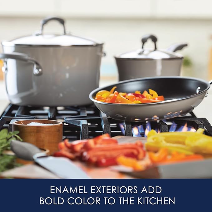 Rachael Ray Brights Nonstick Cookware Pots and Pans Set, 14 Piece, Sea Salt Gray