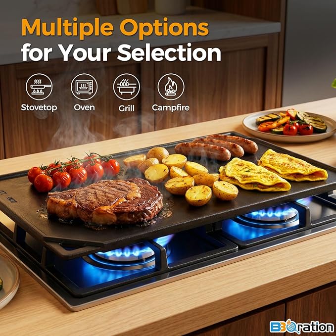 Reversible Cast Iron Griddle, 16.75" x 9.5" Stove Top Griddle Reversible Griddle Plate, Rectangular Flat and Ribbed Stovetop Griddle, Double Burner Flat Top Griddle Pan for Gas Grill