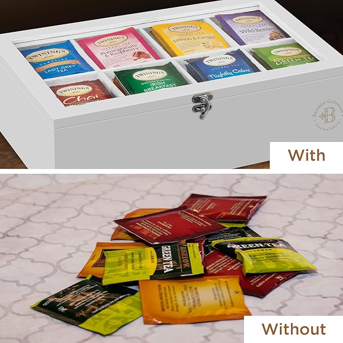 Tea Bag Organizer - White Bamboo Tea Box Organizer Storage Box, Tea Bag Holder with Acrylic Window, Magnetic Lid Keeps Tea Bags Fresh - Tea Organizer Caddy (Tea Not Included) Christmas Gift