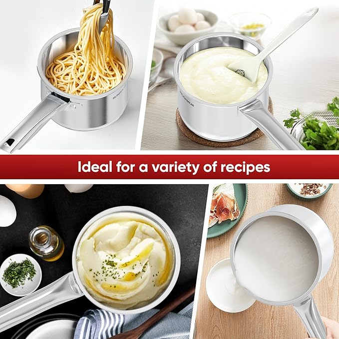SUNHOUSE – 3 Quarts Stainless Steel Sauce Pan with Lid - PFOA-Free, Stainless Steel Sauce Pan, Advanced Impact Bonding Induction Base, Stay-Cool Handle, Compatible with All Cooktops