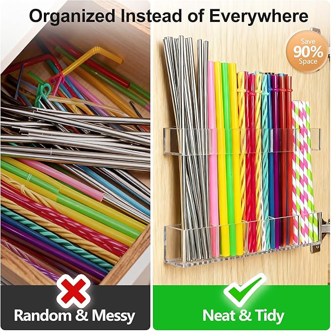 9.5” Large Acrylic Straw Holder for Cabinet Door, Reusable Adjustable Two-Part Straws Organizer with Ultra Sticky Adhesive Strips, 2026 Straw Storage for Kitchen Cupboard (Transparent)
