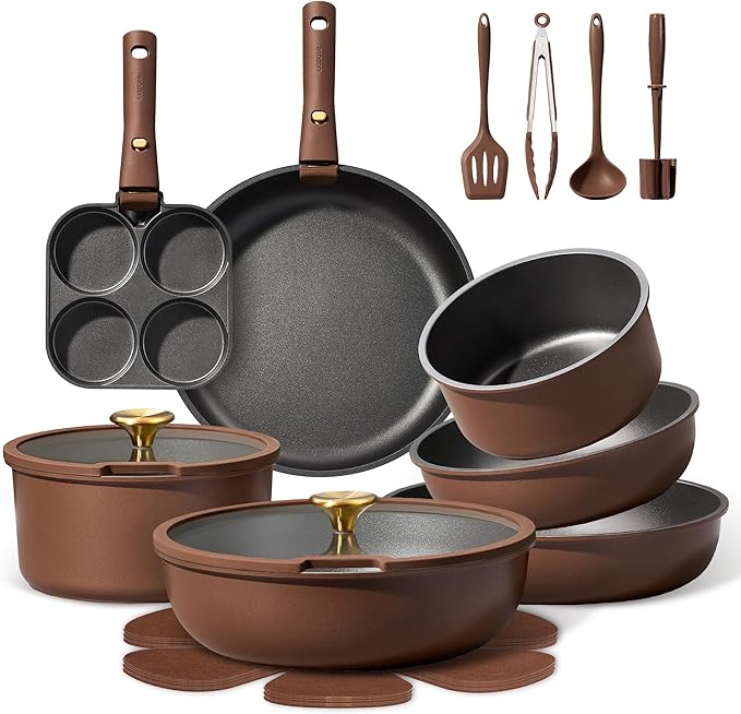 CAROTE 21pcs Pots and Pans Set, Nonstick Cookware Set Detachable Handle, Induction Kitchen Cookware Sets Non Stick with Removable Handle, RV Cookware Set, Oven Safe, Brown