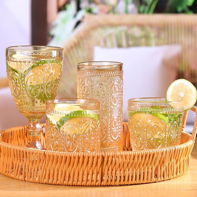 abrwyy Amber Glassware set of 4 Vintage Drinking Glasses, 9.5oz Amber Heavy Duty Glass Cups, Old Fashioned Glass, Set for Party Wedding Home Office Glassware Gift