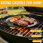 Premium Carbon Steel Griddle, Round Non-Toxic Stovetop Flat Top Pan for Gas, Electric Range, Induction, Grill & Campfire, Pre-seasoned Nitride Coating, Oven Safe to 1200°F, with Heat-insulating Gloves