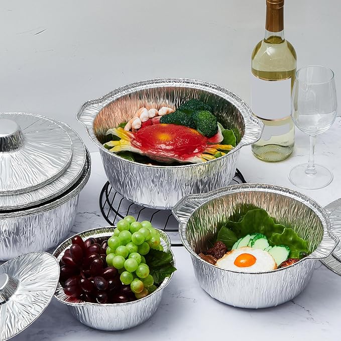 Ziliny Disposable Aluminum Pot with Lid Round Foil Pans Disposable Cookware Food Container for Vacation Trips Camping Baking Heating Cooking(12 Pcs,33.8, 67.6, 121.7 oz)