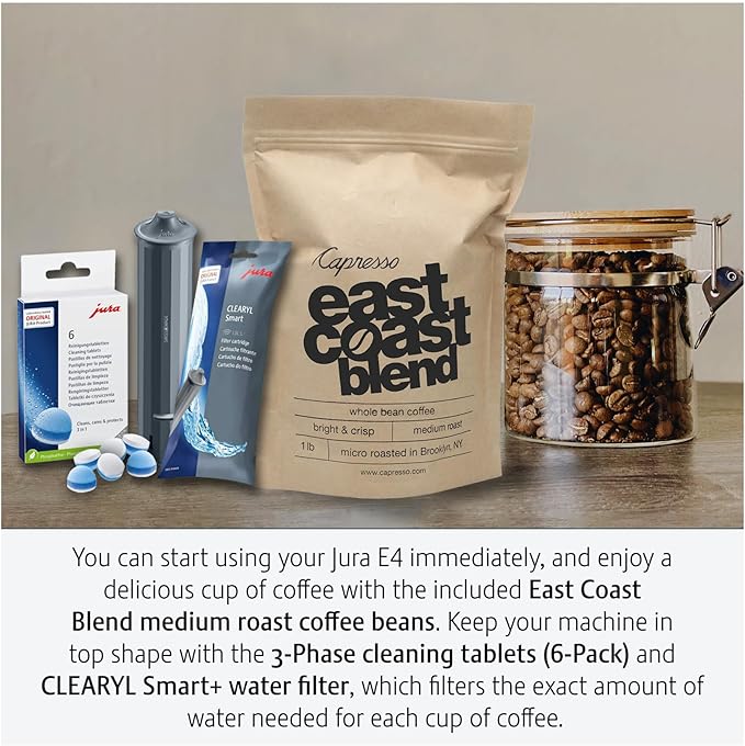 Jura E4 Automatic Coffee Machine (Piano Black) with CLEARYL Smart+ Water Filtration, 6 Cleaning Tablets and East Coast Blend Whole Bean Coffee (4 Items)