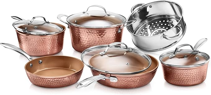 Gotham Steel Hammered Collection Pots and Pans 10 Piece Premium Ceramic Cookware Set – with Triple Coated Ultra Nonstick Surface for Even Heating, Oven, Stovetop & Dishwasher Safe