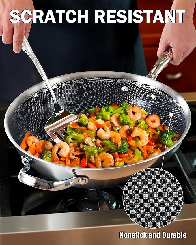 Cooks Standard 12-Inch Hybrid Nonstick Wok with Tempered Glass Lid, Multi-Ply Clad Stainless Steel Flat Bottom Wok Stit Fry Pan, Oven Safe, Induction Ready, Compatible with All Stovetops