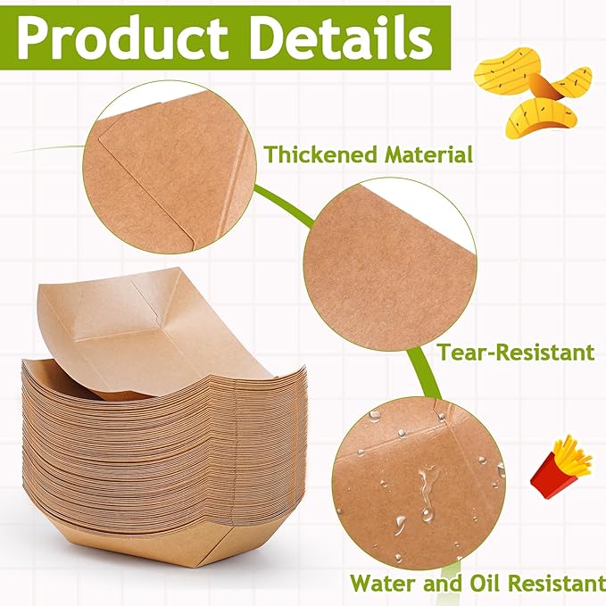 250 Pack Medium Paper Food Boats, 1lb Disposable Brown Kraft Paper Food Trays, Heavy Duty Serving Basket, Disposable Serving Boats for Party Snacks, Nachos, French Fries, Tacos, Popcorn