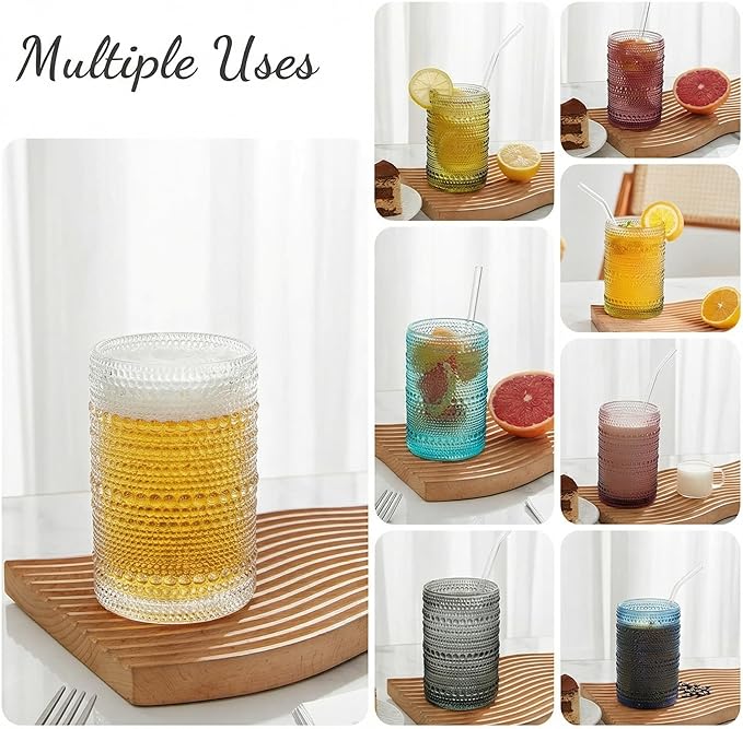 HomeVogue 15oz Colored Hobnail Drinking Glasses with Straws Set of 6, Vintage Glassware Old Fashioned Beverage Glasses, Cocktail Glass Set, Kitchen Water Glasses Cup, for Beer, Smoothie, Juice