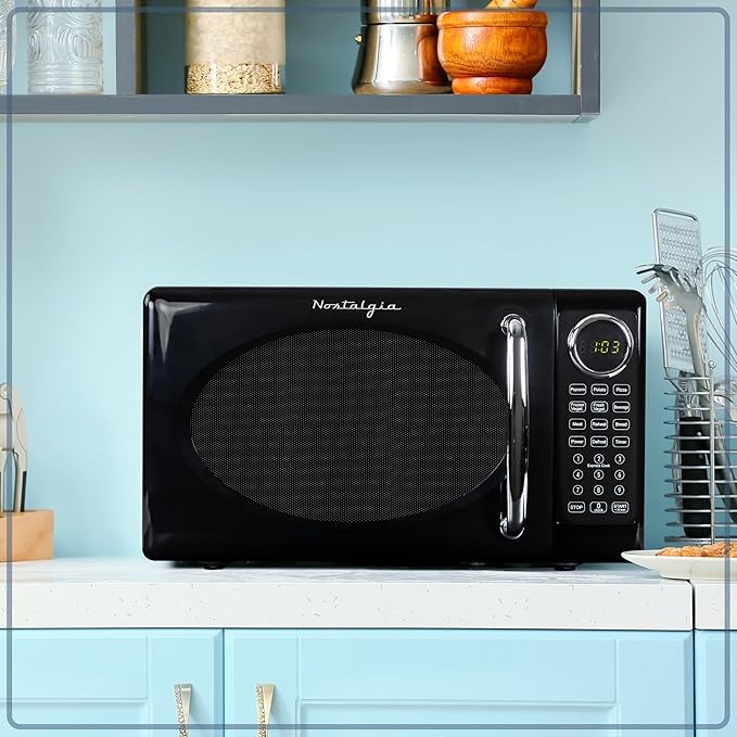 Nostalgia Retro Microwave Oven - 0.7 Cu Ft, 700-Watt Countertop Size with Glass Turntable, Child Safety Lock, 8 Auto-Cook Programs, Digital Clock - Black