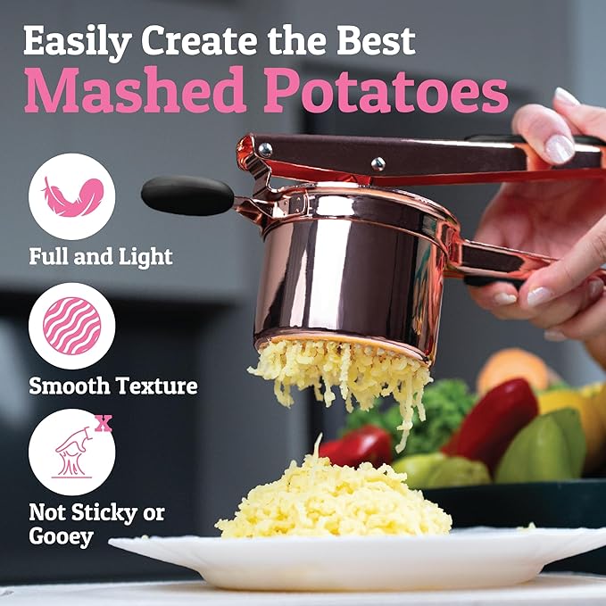 PriorityChef Large 15oz Potato Ricer, Heavy Duty Stainless Steel Potato Masher and Ricer Kitchen Tool, Press and Mash Kitchen Gadget For Perfect Mashed Potatoes - Everytime, Rose Gold and Black