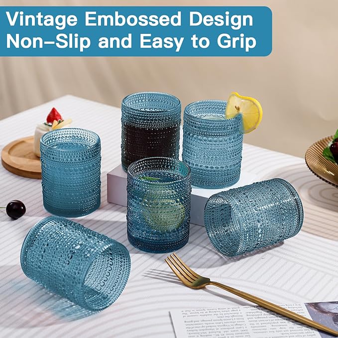 JOVGANK Blue Vintage Hobnail Drinking Glasses Set of 6, Embossed Water Tumbler 12oz, Kitchen & Bar Beaded Glass Cups, Beverage Glass Cups for Water, Beer, Juice, Housewarming and Mother's Day Gift