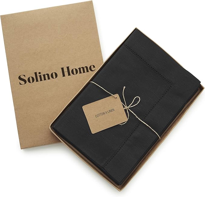 Solino Home Black Napkins Set of 4 - Cotton Linen Hemstitch Dinner Napkins Cloth 20 x 20 Inch for Winter, Holiday, New Year - Handcrafted and Machine Washable
