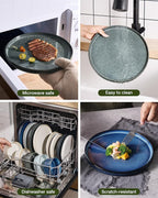 Famiware Star 18-Piece Reactive Glaze Plates and Bowls Sets, Service for 6 - Stoneware Dinnerware with Trim, Modern Rustic Dishes, Chip & Scratch Resistant, Microwave & Dishwasher Safe, Deep Forest