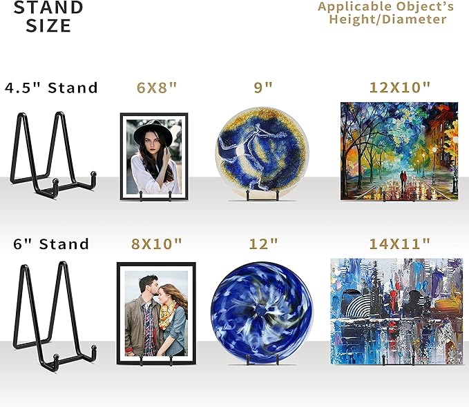 4 Pack Plate Stands for Display - 6 Inch Metal Square Wire Plate Holder Display Stand + Picture Frame Stand Holder Easel for Book, Decorative Plate, Plaque, Photo, Platter (Black)