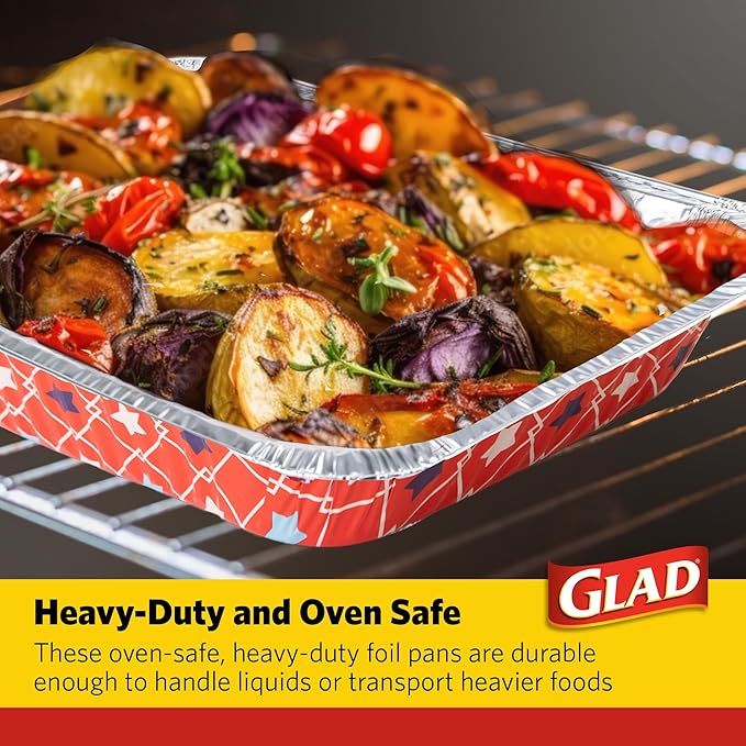Glad Disposable Aluminum All Purpose Pans in Red, White & Blue Stars, 3ct with Lids - Printed Colorful Foil Steam Pans - 12.5” x 10.2” x 2.16” Aluminum Pan - Disposable Steamware (Pack of 2)
