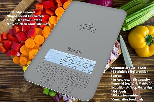 NutraTrack™ Food Scale with Nutrition Calculator, Standalone Calorie Scale for Meal Prep Weight Loss, 999 Pre-Loaded & 999 Custom Food Codes Compact Kitchen Scale Battery Operated 11lb Capacity Silver