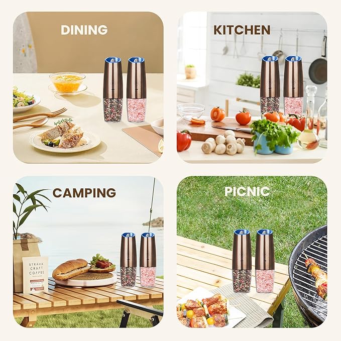 Rechargeable Electric Salt And Pepper Grinder Set, Automatic Gravity Electric Salt And Pepper Grinder Set, Adjustable Roughness, Led Light, 2 Pack, (Copper)